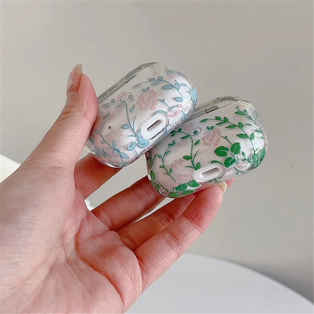 For Apple AirPods 3 Gardenia Flowers Leaves Printing Earphone Case Separable Charging Box Transparent PC Shell - Blue Leaves/Flowers - 3
