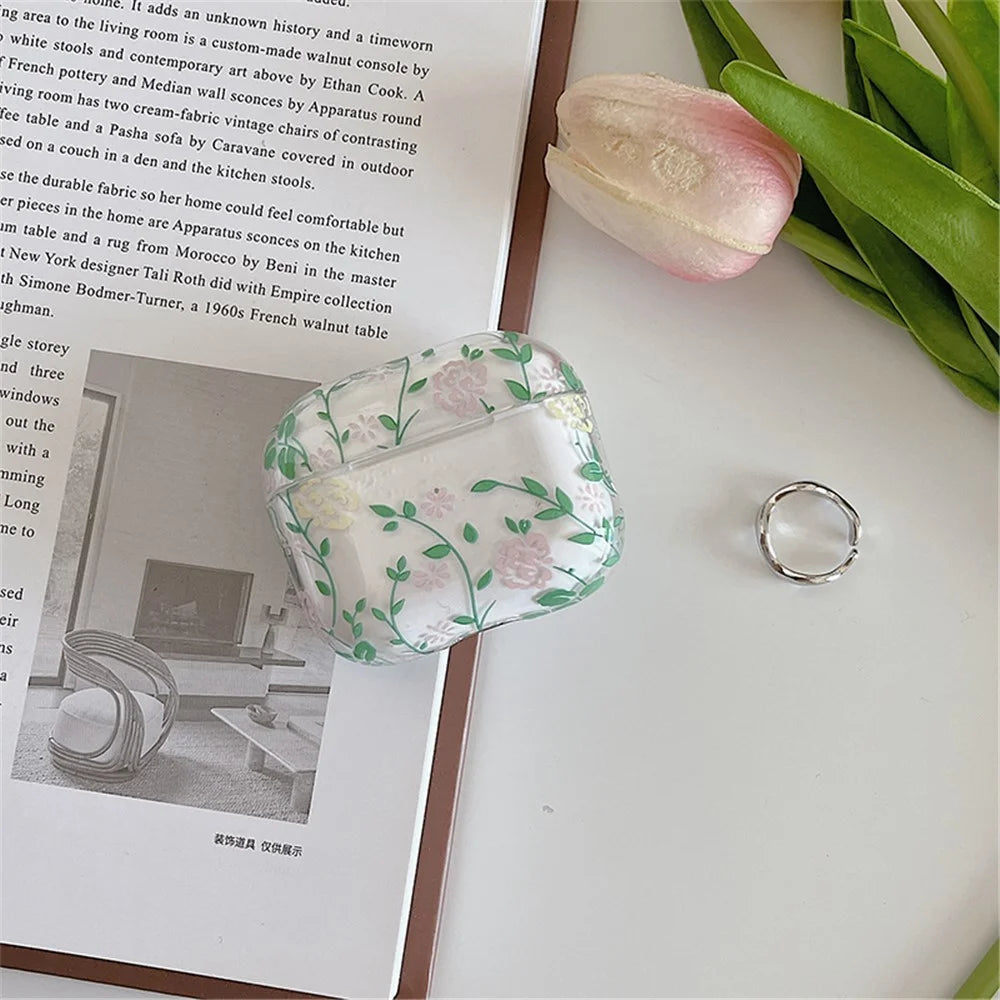 For Apple AirPods 3 Gardenia Flowers Leaves Printing Earphone Case Separable Charging Box Transparent PC Shell - Blue Leaves/Flowers - 4
