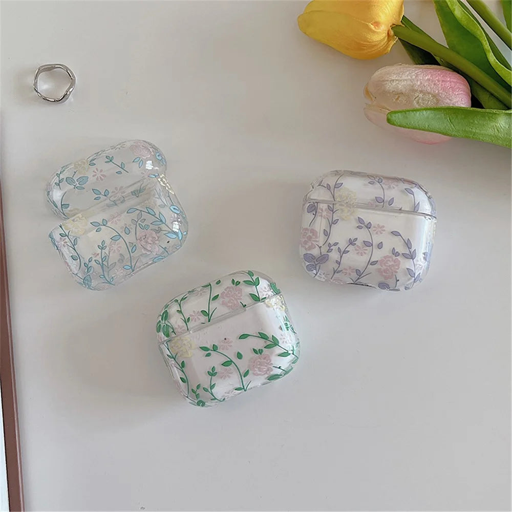 For Apple AirPods 3 Gardenia Flowers Leaves Printing Earphone Case Separable Charging Box Transparent PC Shell - Blue Leaves/Flowers - 5