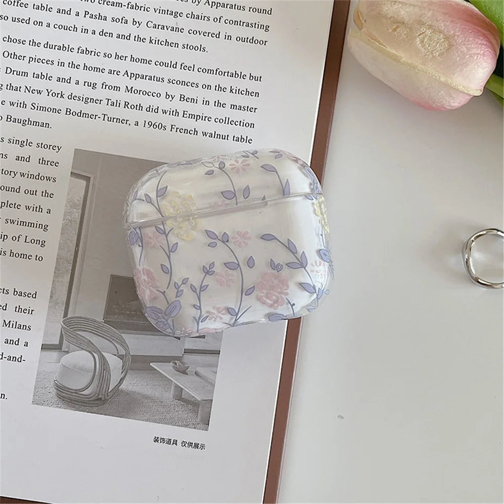 For Apple AirPods 3 Gardenia Flowers Leaves Printing Earphone Case Separable Charging Box Transparent PC Shell - Blue Leaves/Flowers - 6