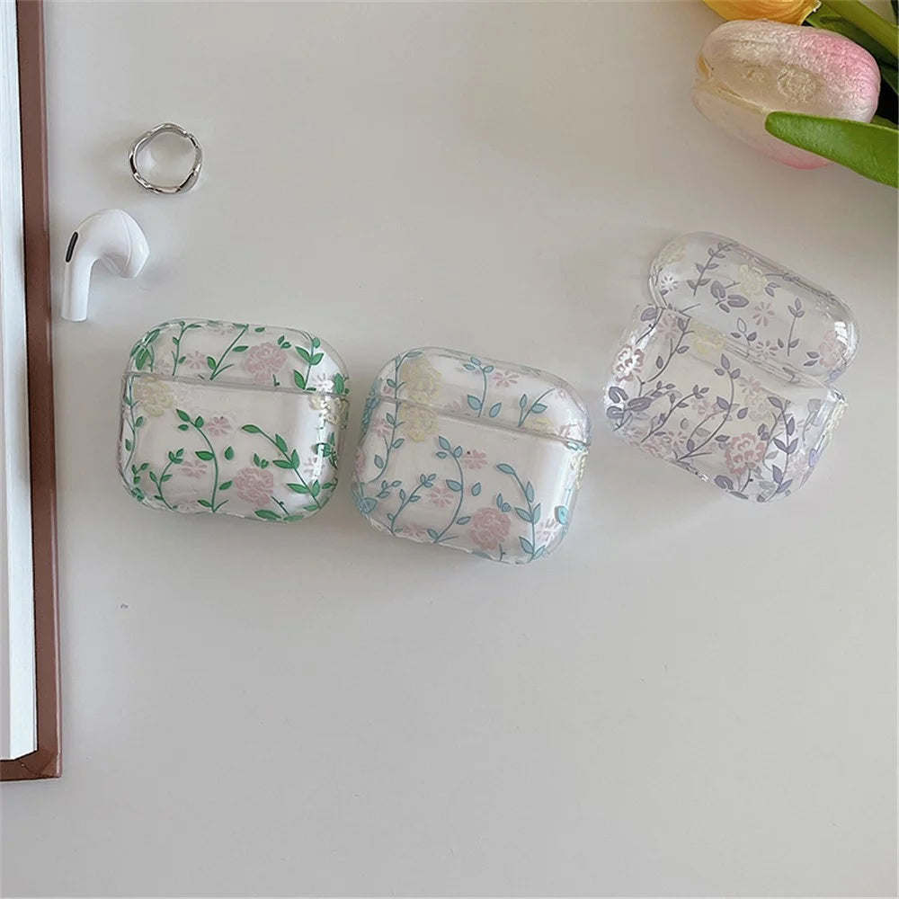 For Apple AirPods 3 Gardenia Flowers Leaves Printing Earphone Case Separable Charging Box Transparent PC Shell - Blue Leaves/Flowers - 7