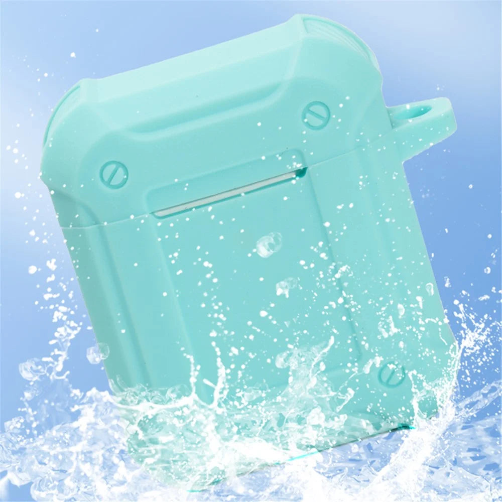 For Apple AirPods with Charging Case (2016)/(2019)/AirPods with Wireless Charging Case (2019) Armour Thickened Silicone Case Earphone Protective Cover with Carabiner - Green - 2