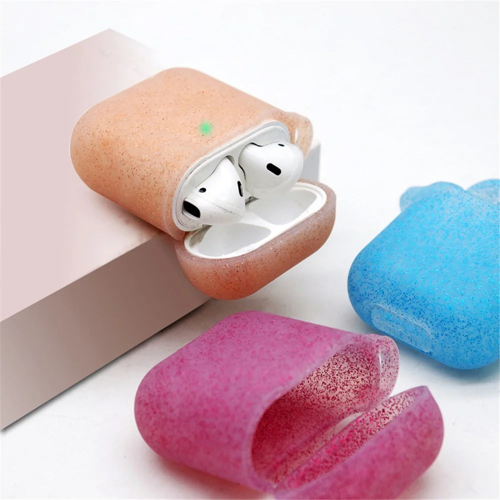 For Apple AirPods with Charging Case (2016)/(2019)/AirPods with Wireless Charging Case (2019) Earphone Glittery Silicone Case Earbuds Protective Shell with Hanging Buckle - Sapphire - 2