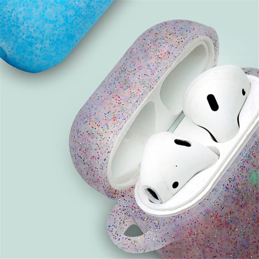 For Apple AirPods with Charging Case (2016)/(2019)/AirPods with Wireless Charging Case (2019) Earphone Glittery Silicone Case Earbuds Protective Shell with Hanging Buckle - Sapphire - 7