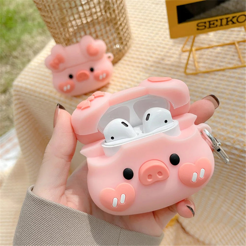 For Apple AirPods with Charging Case (2016)/(2019)/AirPods with Wireless Charging Case (2019) Earphone Silicone Case Bowknot Heart Piggy Design Charging Box Protective Cover with Hook - 7