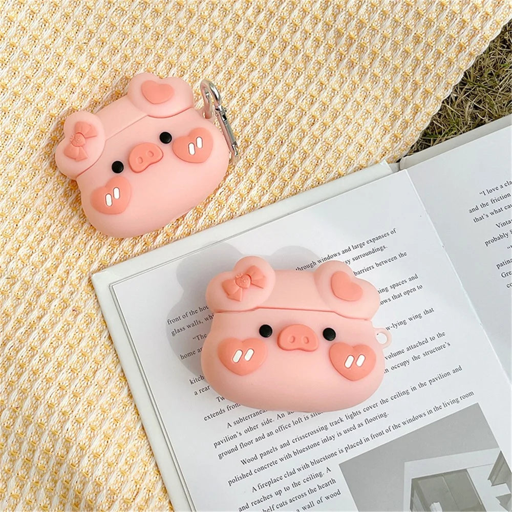 Bowknot Heart Piggy Design Earphone Case for Apple AirPods 3, Shockproof Silicone Charging Box Cover Protector with Hook - 2