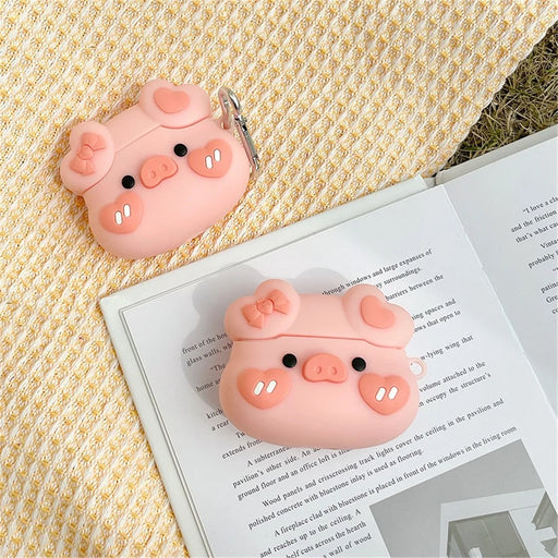 Bowknot Heart Piggy Design Earphone Case for Apple AirPods 3, Shockproof Silicone Charging Box Cover Protector with Hook - 2