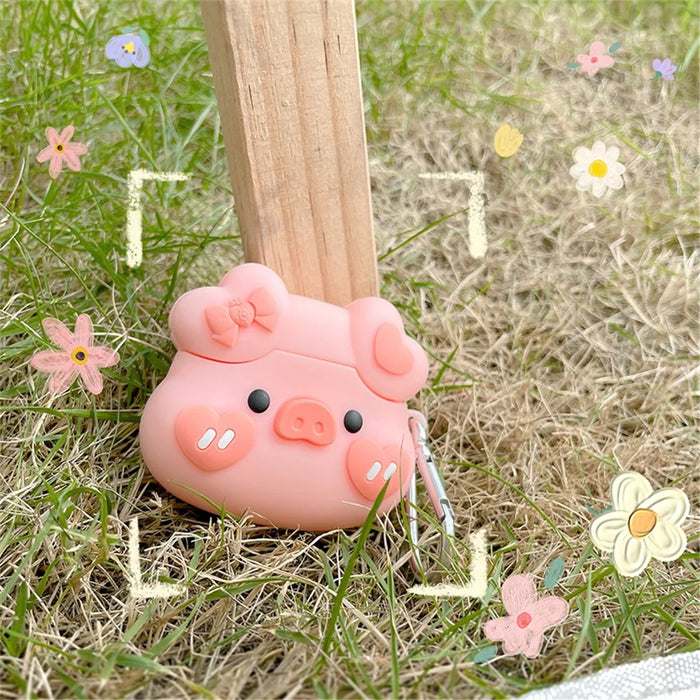 Bowknot Heart Piggy Design Earphone Case for Apple AirPods 3, Shockproof Silicone Charging Box Cover Protector with Hook - 3