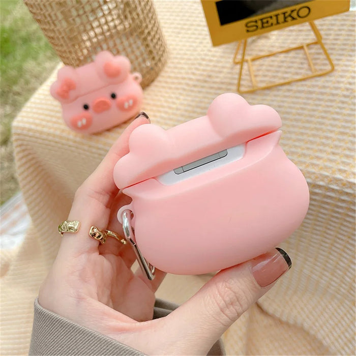 Bowknot Heart Piggy Design Earphone Case for Apple AirPods 3, Shockproof Silicone Charging Box Cover Protector with Hook - 4