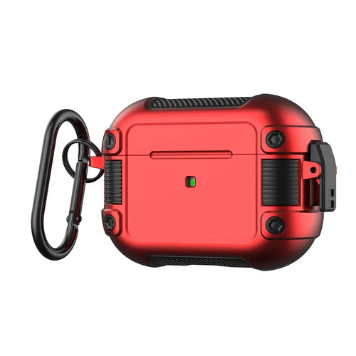 For Apple AirPods Pro Lock Buckle Earphone Case PC + TPU Earbuds Charging Box Protective Cover with Carabiner - Red - 1