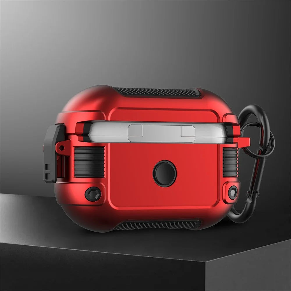 For Apple AirPods Pro Lock Buckle Earphone Case PC + TPU Earbuds Charging Box Protective Cover with Carabiner - Red - 3