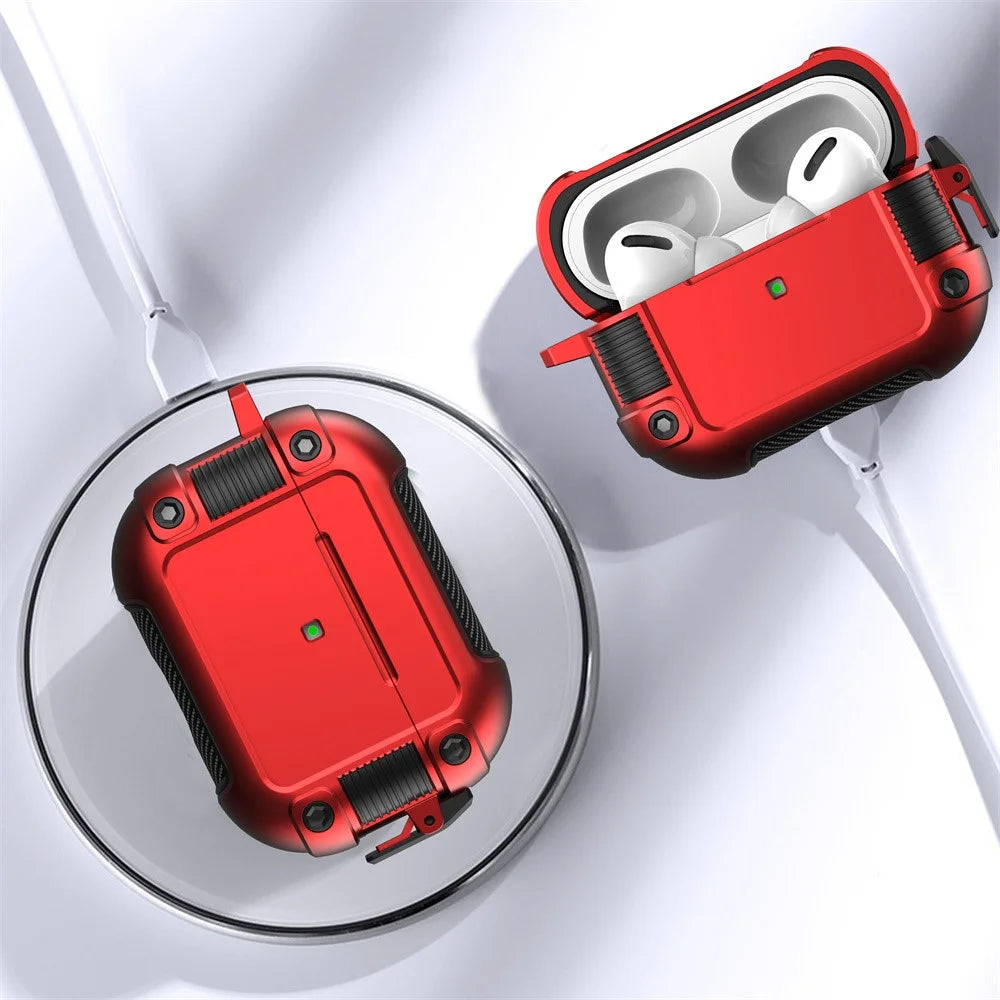 For Apple AirPods Pro Lock Buckle Earphone Case PC + TPU Earbuds Charging Box Protective Cover with Carabiner - Red - 4