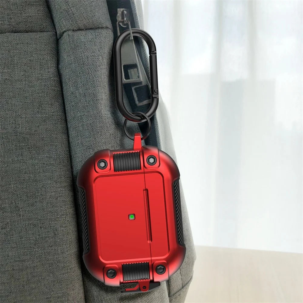 For Apple AirPods Pro Lock Buckle Earphone Case PC + TPU Earbuds Charging Box Protective Cover with Carabiner - Red - 5