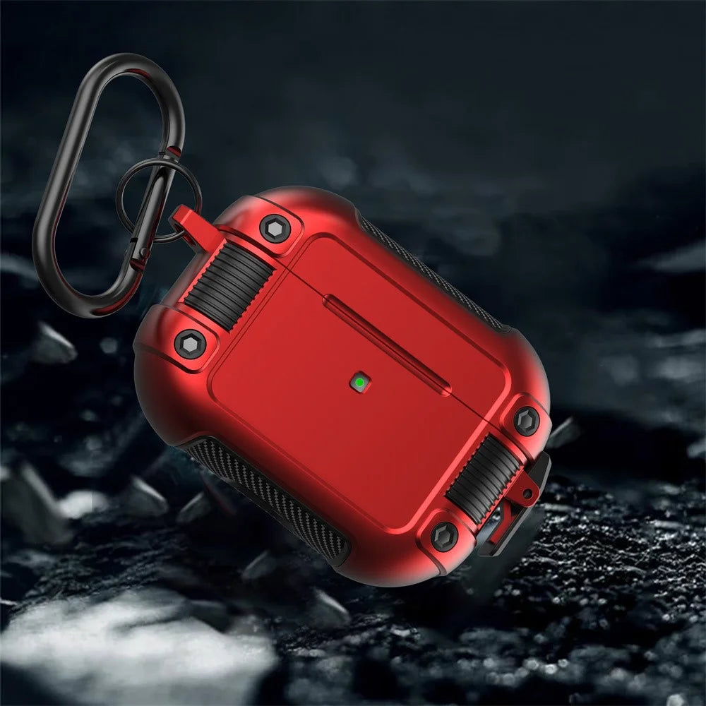 For Apple AirPods Pro Lock Buckle Earphone Case PC + TPU Earbuds Charging Box Protective Cover with Carabiner - Red - 6