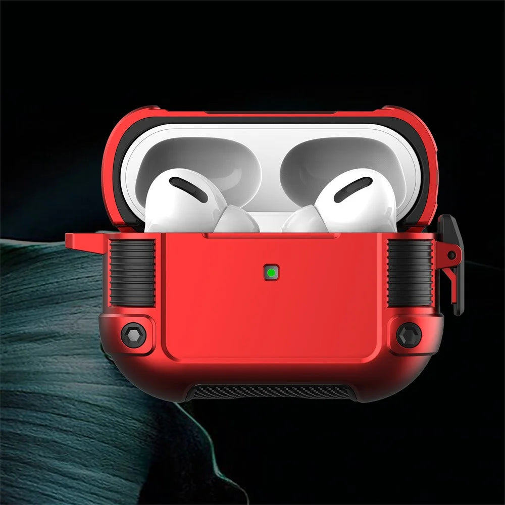 For Apple AirPods Pro Lock Buckle Earphone Case PC + TPU Earbuds Charging Box Protective Cover with Carabiner - Red - 7