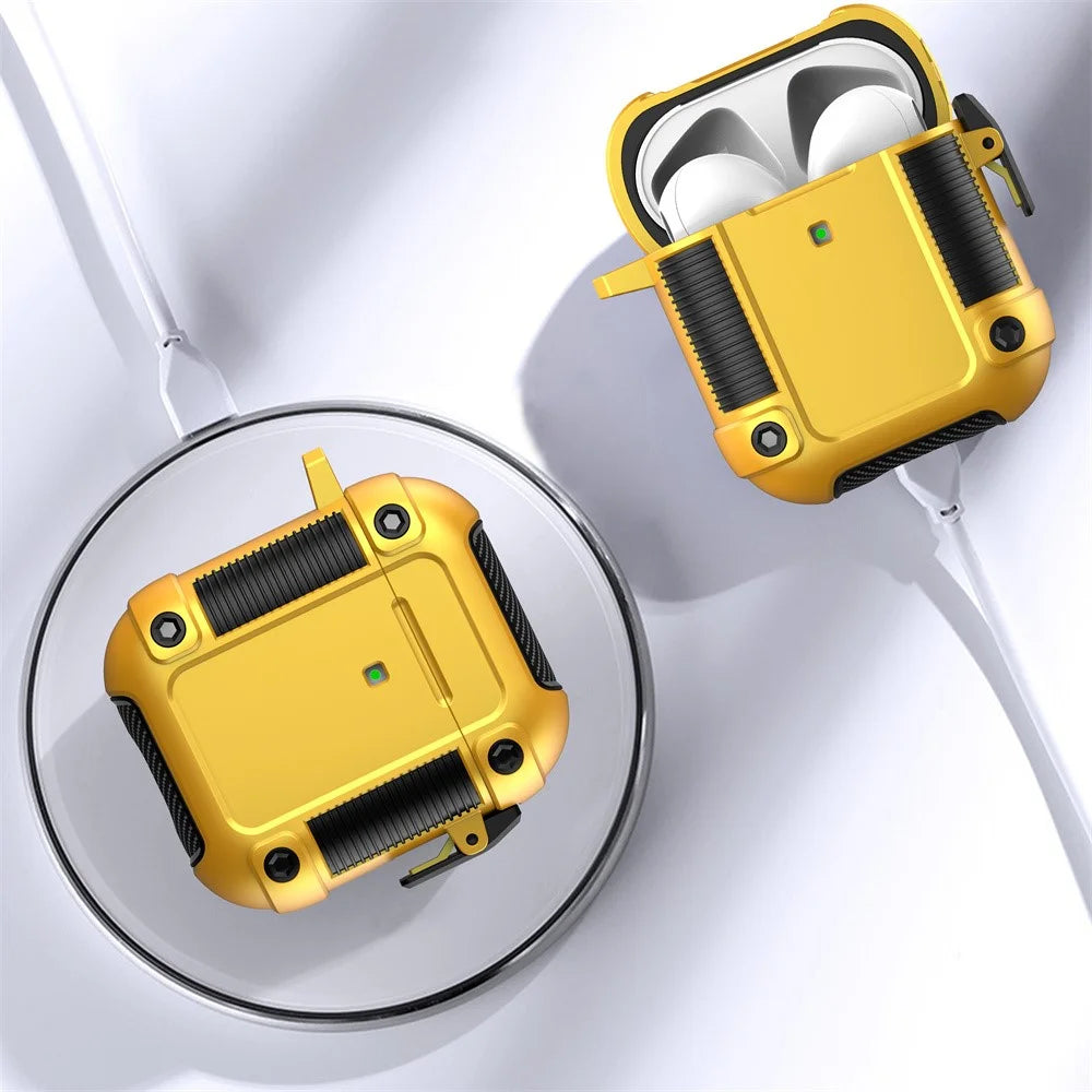 For Apple AirPods with Charging Case (2016)/(2019)/AirPods with Wireless Charging Case (2019) Earphone Case Lock Buckle PC + TPU Earbuds Protective Cover with Carabiner - Yellow - 4