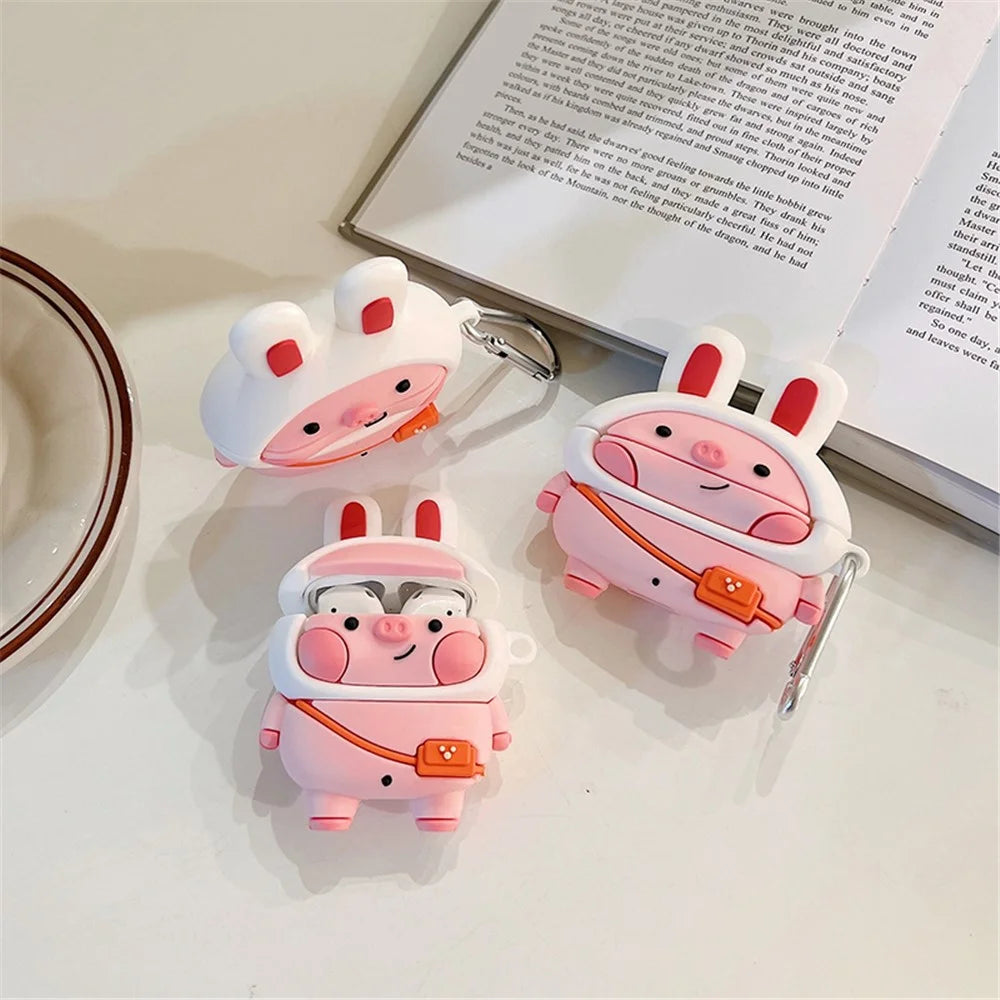 Silicone Earphone Case for Apple AirPods 3 Cute Piggy Design All-around Protection Charging Box Cover Protector with Hook - 2