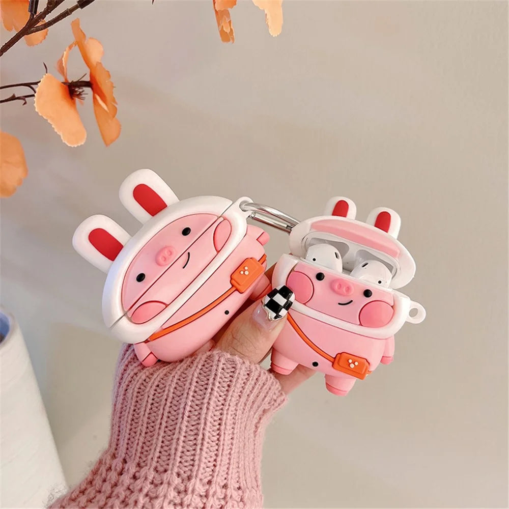 Silicone Earphone Case for Apple AirPods 3 Cute Piggy Design All-around Protection Charging Box Cover Protector with Hook - 3