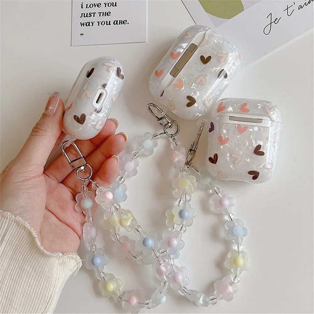 For Apple AirPods with Charging Case (2016)/(2019)/AirPods with Wireless Charging Case (2019) Lovely Heart Pattern Flower Wrist Strap Bluetooth-compatible Earphone Protective Cover TPU Case - 2