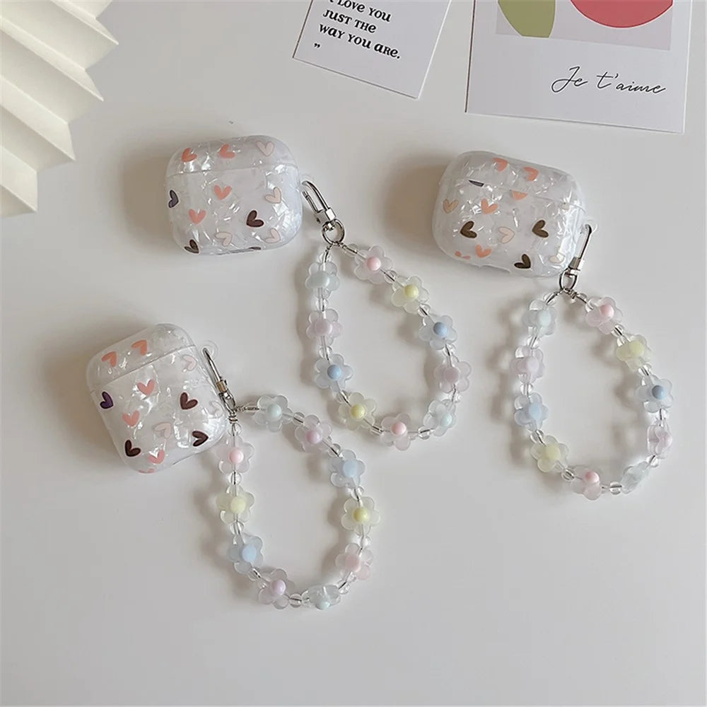 For Apple AirPods with Charging Case (2016)/(2019)/AirPods with Wireless Charging Case (2019) Lovely Heart Pattern Flower Wrist Strap Bluetooth-compatible Earphone Protective Cover TPU Case - 3