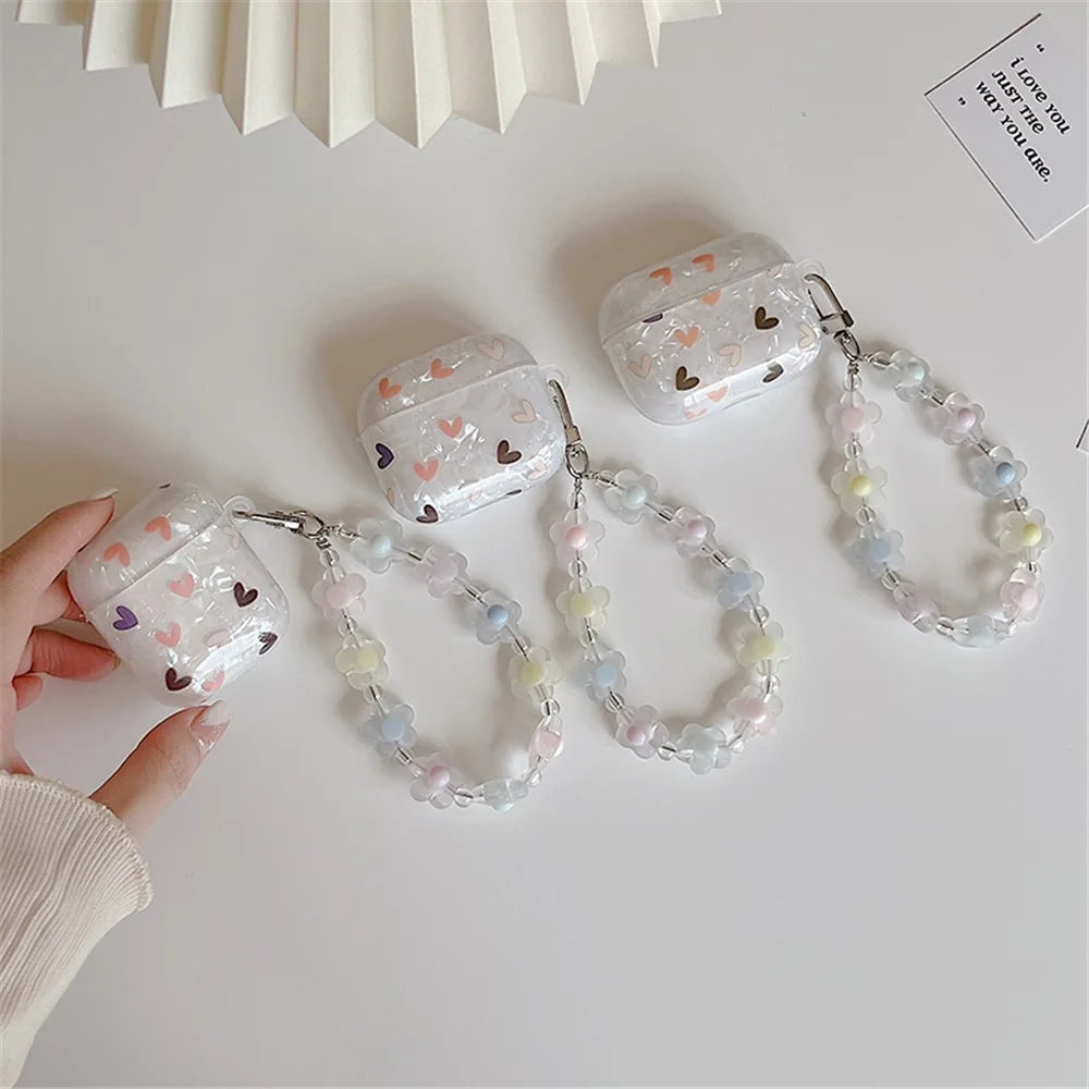 For Apple AirPods with Charging Case (2016)/(2019)/AirPods with Wireless Charging Case (2019) Lovely Heart Pattern Flower Wrist Strap Bluetooth-compatible Earphone Protective Cover TPU Case - 4