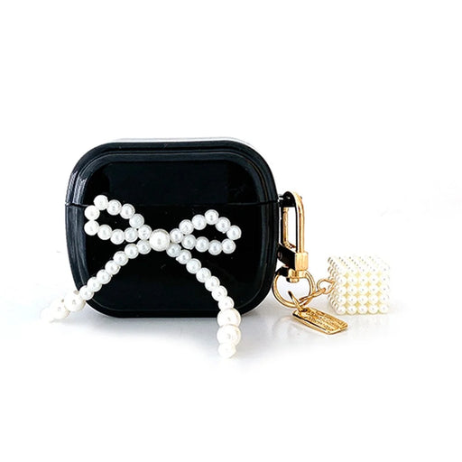 For Apple AirPods Pro Stylish Pear Bowknot Soft TPU Earphone Case Anti-fall Protective Cover with Square Pear Pendant - Black - 1
