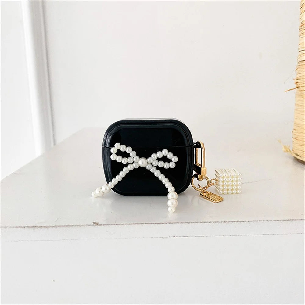 For Apple AirPods Pro Stylish Pear Bowknot Soft TPU Earphone Case Anti-fall Protective Cover with Square Pear Pendant - Black - 4