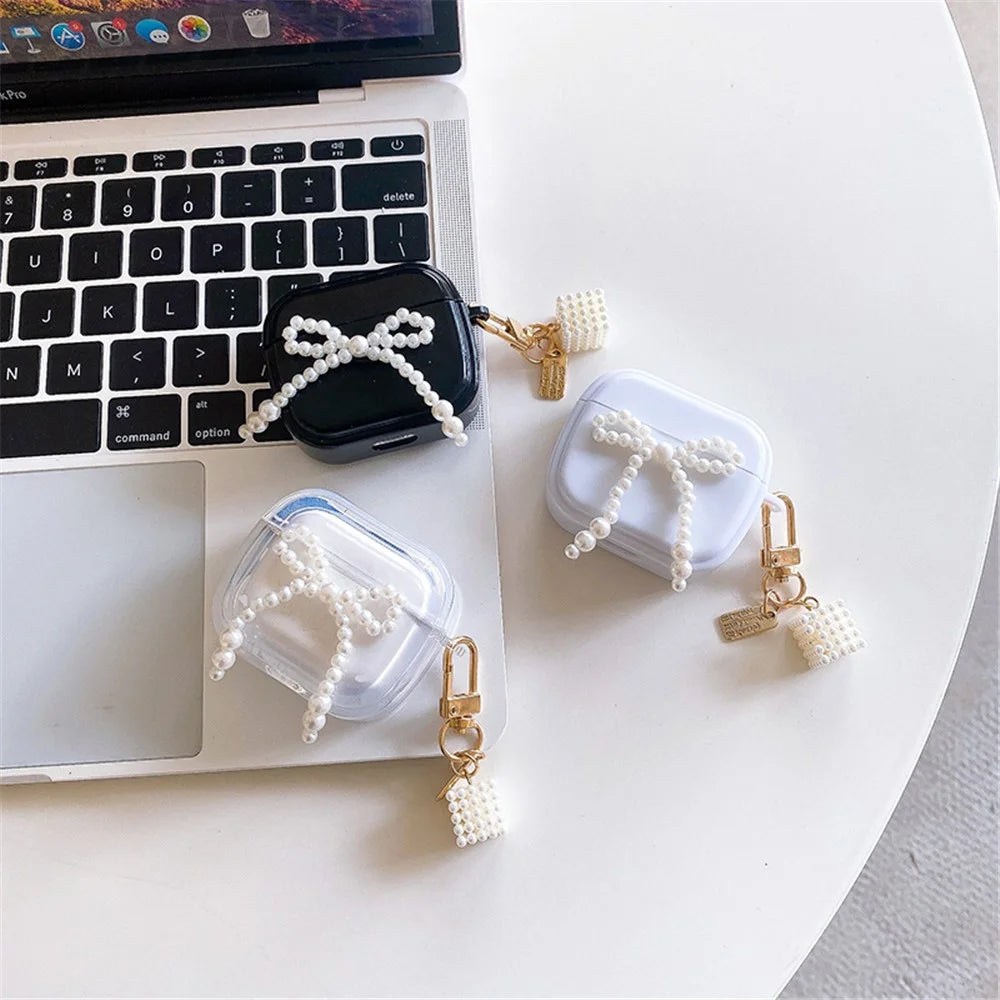 For Apple AirPods Pro Stylish Pear Bowknot Soft TPU Earphone Case Anti-fall Protective Cover with Square Pear Pendant - Black - 5