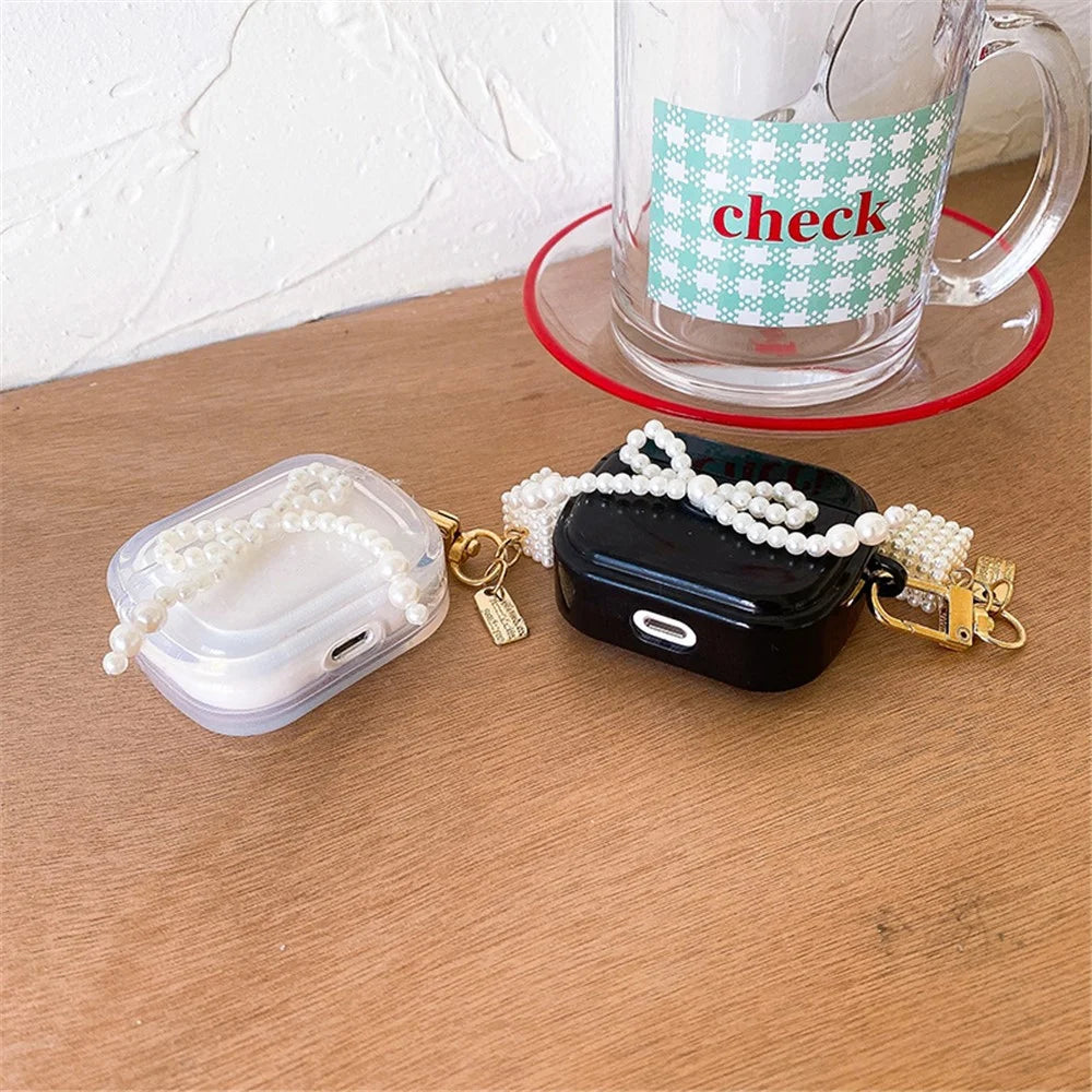 For Apple AirPods Pro Stylish Pear Bowknot Soft TPU Earphone Case Anti-fall Protective Cover with Square Pear Pendant - Black - 7
