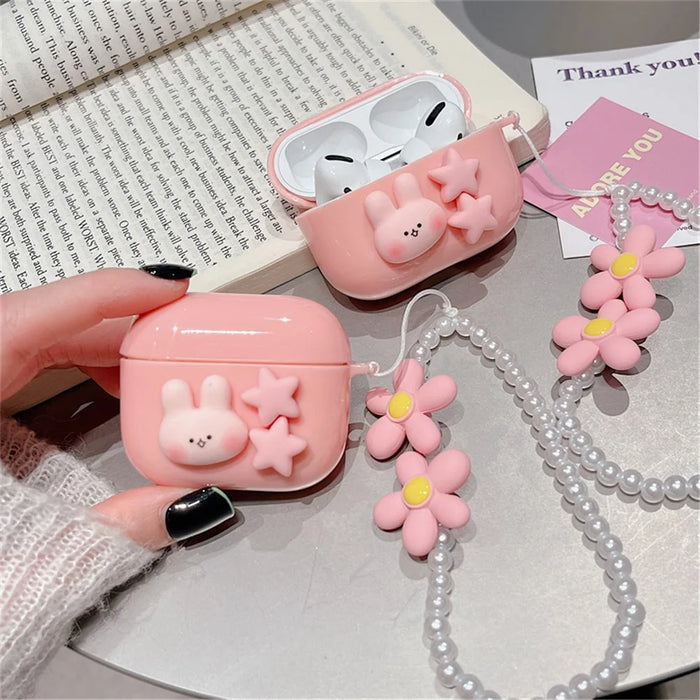 For Apple AirPods Pro Soft Durable TPU Earphone Case Cute Rabbit Stars Protective Cover with Flower Pear Handy Strap - 2