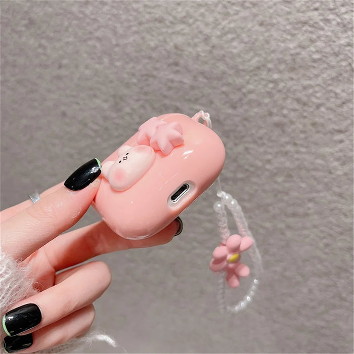 For Apple AirPods Pro Soft Durable TPU Earphone Case Cute Rabbit Stars Protective Cover with Flower Pear Handy Strap - 7