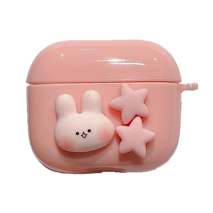 For Apple AirPods 3 Cute Rabbit Stars Soft TPU Earphone Case Protective Cover with Flower Pear Handy Strap - 1
