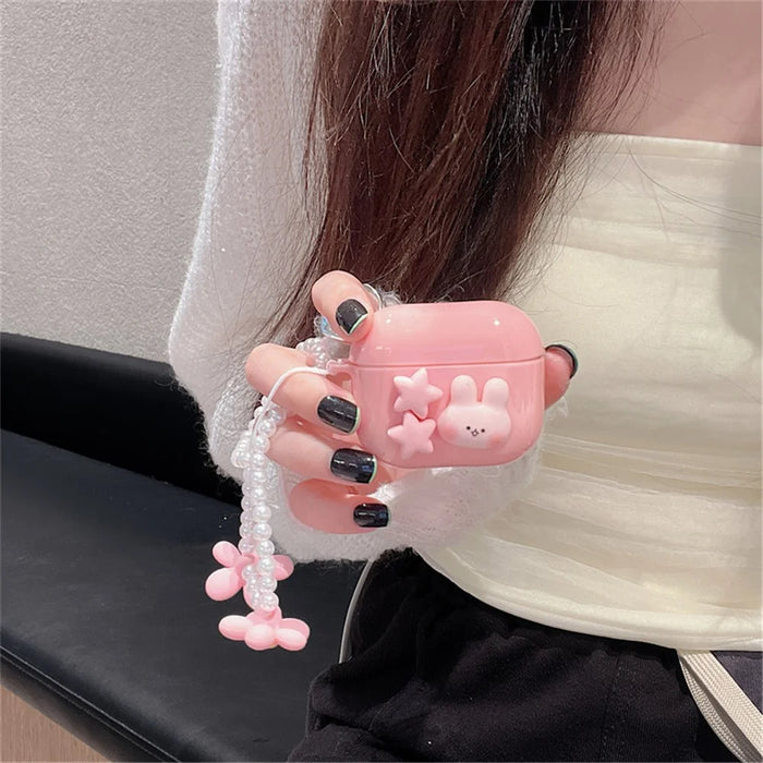For Apple AirPods 3 Cute Rabbit Stars Soft TPU Earphone Case Protective Cover with Flower Pear Handy Strap - 3