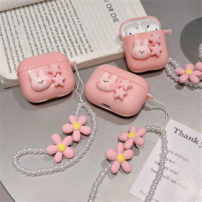 For Apple AirPods 3 Cute Rabbit Stars Soft TPU Earphone Case Protective Cover with Flower Pear Handy Strap - 6