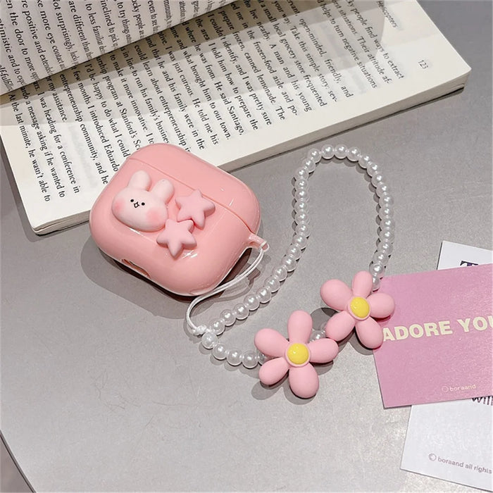 For Apple AirPods 3 Cute Rabbit Stars Soft TPU Earphone Case Protective Cover with Flower Pear Handy Strap - 7