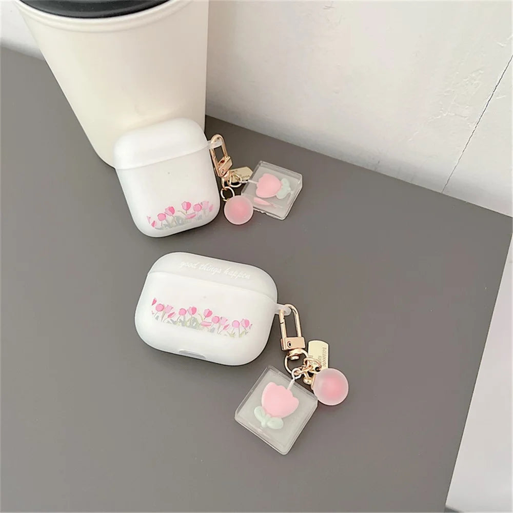 For Apple AirPods Pro Tulip Pattern Soft TPU Shockproof Anti-wear Protective Cover Earphone Case with Tulip Pendant - 3