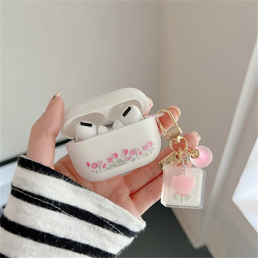 For Apple AirPods Pro Tulip Pattern Soft TPU Shockproof Anti-wear Protective Cover Earphone Case with Tulip Pendant - 7