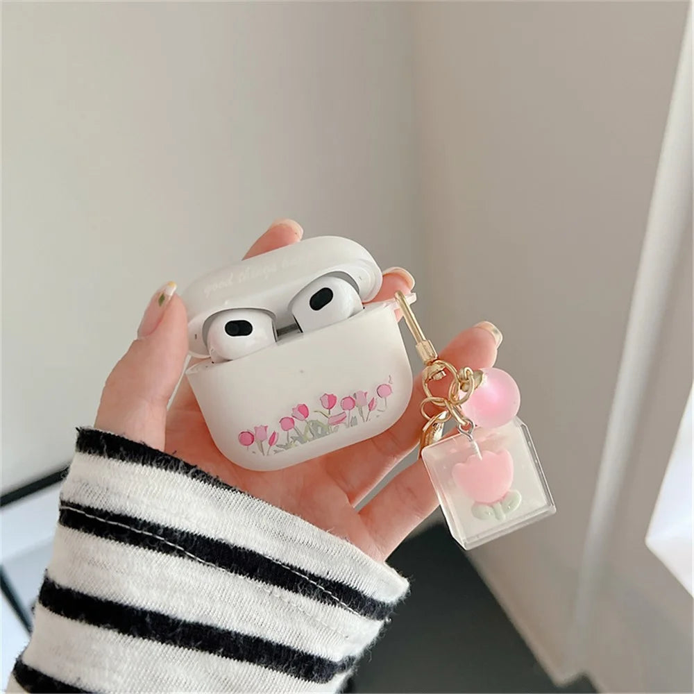 For Apple AirPods 3 Stylish Tulip Pattern Soft TPU Protective Cover Earphone Case with Flower Pendant - 7