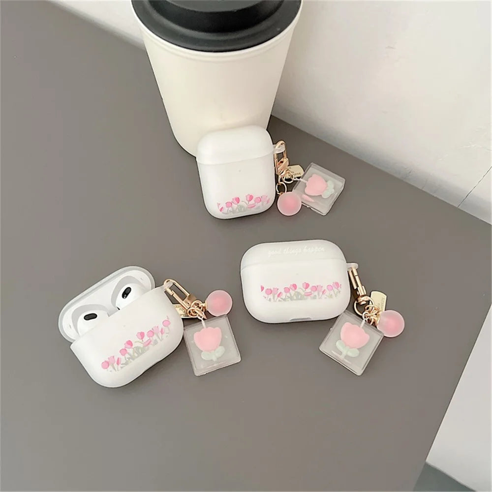 For Apple AirPods with Charging Case (2016)/(2019)/AirPods with Wireless Charging Case (2019) Tulip Pattern Earphone Case Flexible Soft TPU Protective Cover with Tulip Pendant - 4