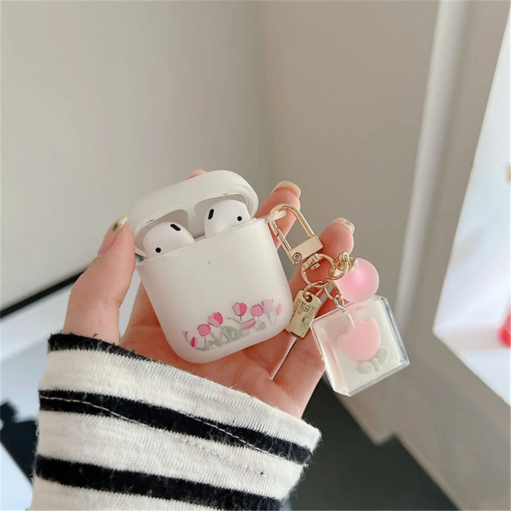 For Apple AirPods with Charging Case (2016)/(2019)/AirPods with Wireless Charging Case (2019) Tulip Pattern Earphone Case Flexible Soft TPU Protective Cover with Tulip Pendant - 7