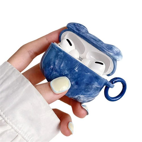 For Apple AirPods Pro Marble Pattern Bear Head Shape Stylish Soft TPU Protective Cover Earphone Case with Buckle - Blue - 1