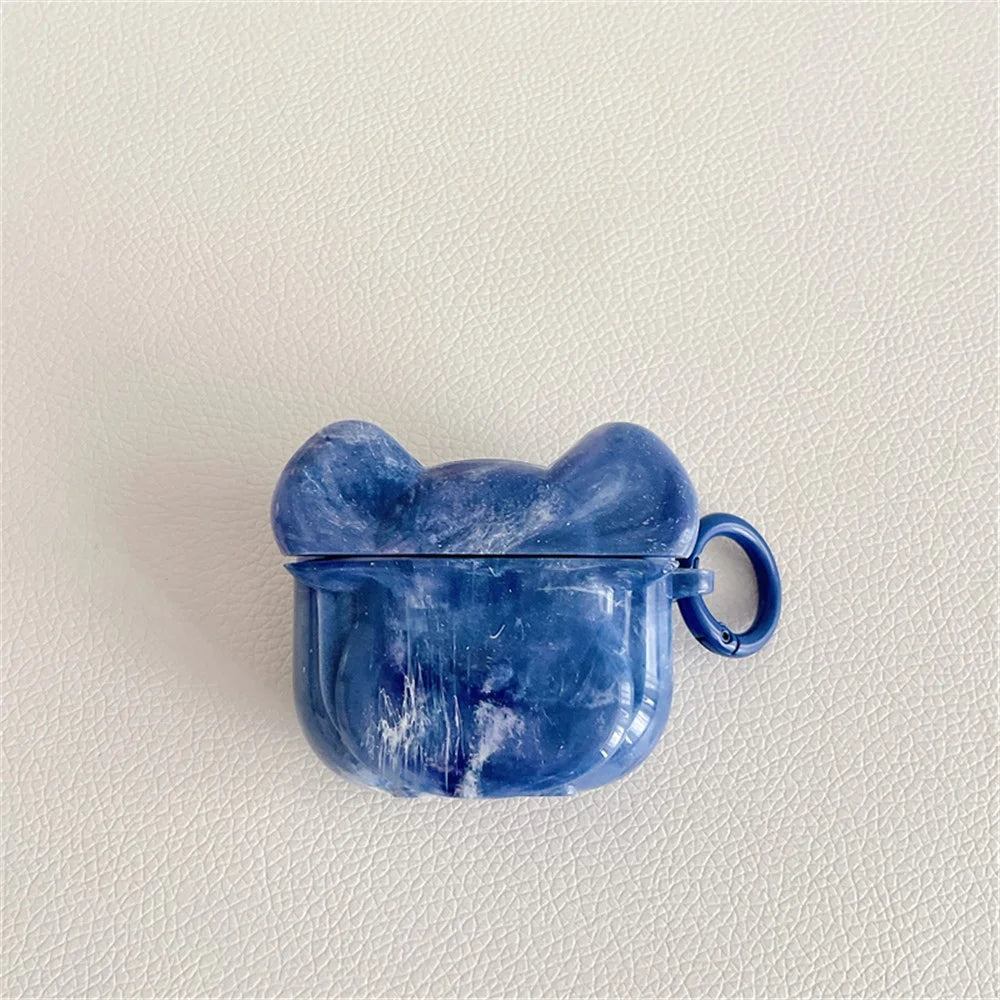 For Apple AirPods Pro Marble Pattern Bear Head Shape Stylish Soft TPU Protective Cover Earphone Case with Buckle - Blue - 2