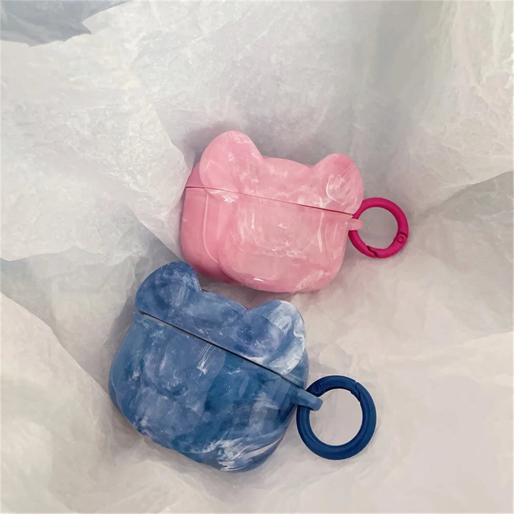 For Apple AirPods Pro Marble Pattern Bear Head Shape Stylish Soft TPU Protective Cover Earphone Case with Buckle - Blue - 3