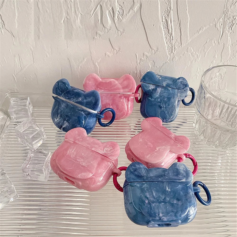 For Apple AirPods Pro Marble Pattern Bear Head Shape Stylish Soft TPU Protective Cover Earphone Case with Buckle - Blue - 4