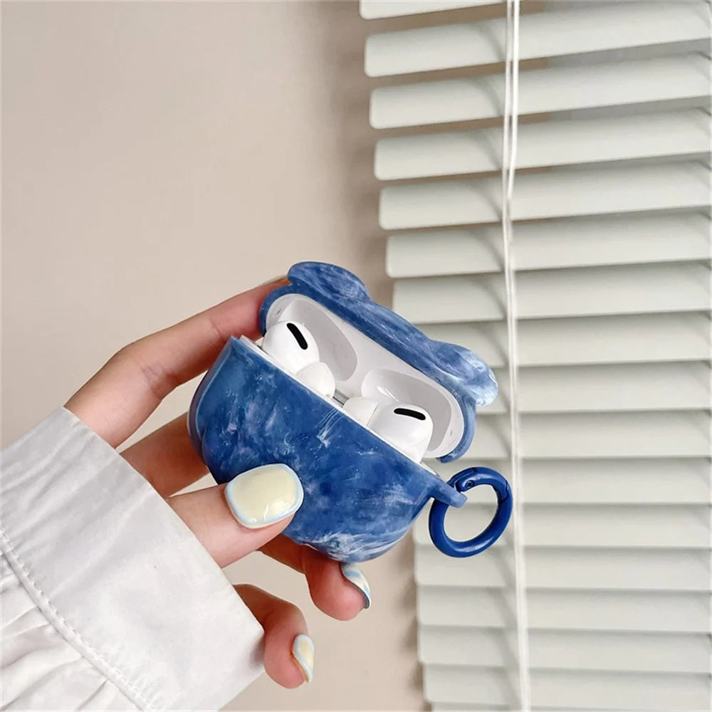 For Apple AirPods Pro Marble Pattern Bear Head Shape Stylish Soft TPU Protective Cover Earphone Case with Buckle - Blue - 5