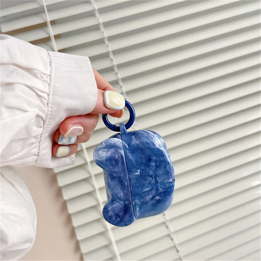 For Apple AirPods Pro Marble Pattern Bear Head Shape Stylish Soft TPU Protective Cover Earphone Case with Buckle - Blue - 6