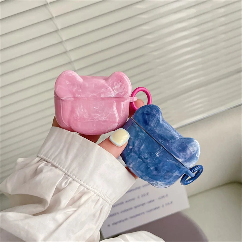 For Apple AirPods Pro Marble Pattern Bear Head Shape Stylish Soft TPU Protective Cover Earphone Case with Buckle - Blue - 7