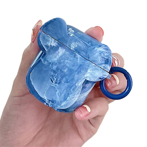 For Apple AirPods with Charging Case (2016)/(2019)/AirPods with Wireless Charging Case (2019) Earphone Case Soft TPU Marble Pattern Cute Bear Head Shape Protective Cover with Buckle - Blue - 1