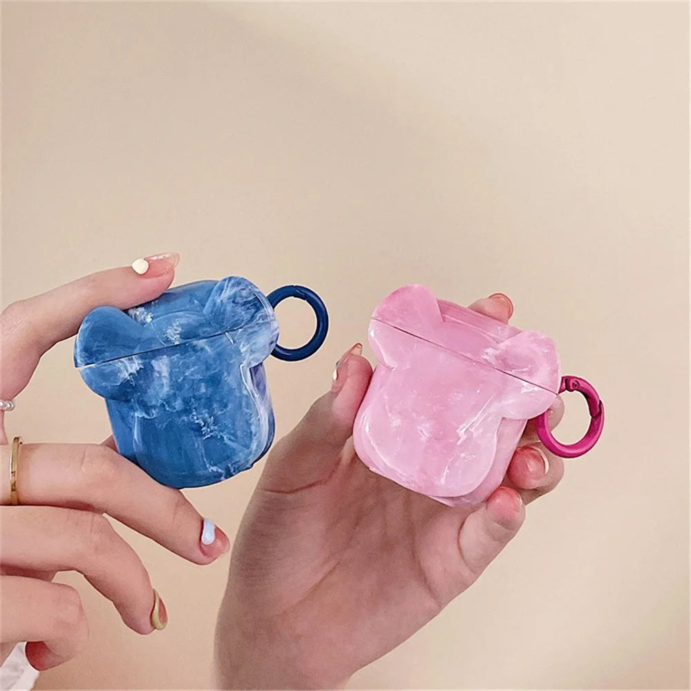 For Apple AirPods with Charging Case (2016)/(2019)/AirPods with Wireless Charging Case (2019) Earphone Case Soft TPU Marble Pattern Cute Bear Head Shape Protective Cover with Buckle - Blue - 2