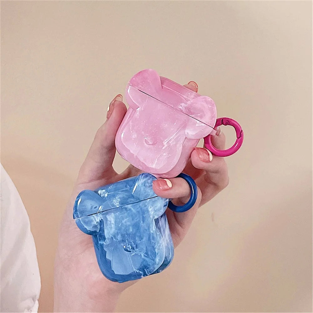 For Apple AirPods with Charging Case (2016)/(2019)/AirPods with Wireless Charging Case (2019) Earphone Case Soft TPU Marble Pattern Cute Bear Head Shape Protective Cover with Buckle - Blue - 3